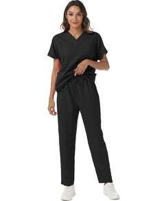 Solid Color V-Neck Short Sleeve Top & Elastic Waist Multi-Pocket Pants, Scrub Uniform Set - Black - View 7