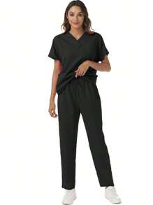 Ensemble de tenue de travail (Top col V manches courtes couleur unie et pantalon à taille élastique multi-poches)