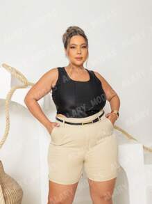 Plus Size Tailored Shorts With Elegant Belt Summer - 米色 - 查看 6