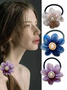 3pcs Flower Decor Hair Tie, Ponytail Holder, Hair Tie Set Hair Accessories For Women - Multicolor - View 1