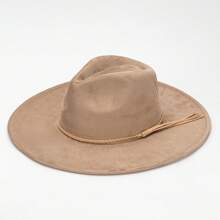 Mens Wide Brim Fedora Hats Womens Suede Western Hat With Belt Solid Color Vintage Panama Hat For Adults - 淺灰色 - 查看 6