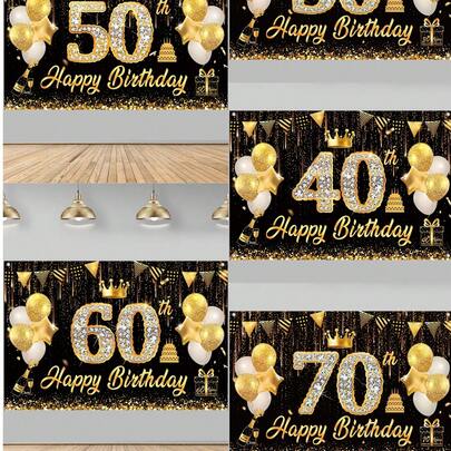 1块亮黑色金色“生日快乐”背景布，适用于30岁、40岁、60岁、70岁、50岁生日派对装饰，150*100厘米涤纶背景布，亮面生日拍照背景布，生日庆祝背景布，家居装饰，房间装饰，墙面装饰，生日横幅装饰，节日派对用品