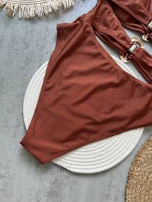 Einteiliger Badeanzug Einfarbig, asymmetrisches Metall-Accessoire, Europäischer & Amerikanischer Stil Frauen Bikini - Braun - Übersicht 6