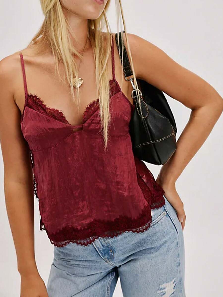 Women Y2k Lace Trim Camisole Sleeveless Spaghetti Strap V Neck Loose Crop Tank Cami Tops Backless Tie Up Going Out Shirts Tops 2000s Aesthetic Clothes Summer Streetwear - 酒紅色 - 查看 1