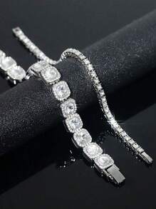 2 件闪亮、时尚、精美方糖和网链手链，男女通用，适合日常佩戴，情人节礼物 - 銀色 - 查看 2