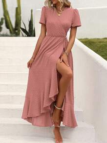 Women's Summer Wrap Dress Casual Boho Chic Floral V-Neck Short Sleeve Flanged Beach Holiday Dress - Hồng - Xem 4