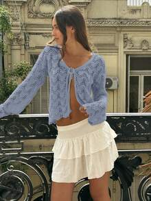 Women's Beach Cover Up Cardigan - Hollow Out Knitwear Top With Bow Tie, V-Neck Loose Drop Shoulder Design, Bikini Women Crochet Crop Tops Tie Front Bell Long Sleeve Knit Shrug Shrugs Girl's Knitted Plus Size Flounce, Spring Summer Fall