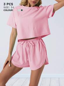 Women's Pajama Set, Two-Piece Short-Sleeve Top And Shorts Lounge Outfit, Loose Fit, Waffle Pattern, Drawstring Design, Round Neck, Short Sleeves, Slitted Shorts Design, Sporty Casual Style, Lounge, Pajama Set. - Hồng - Xem 1