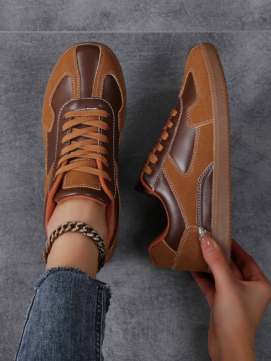 棕色运动鞋女鞋复古经典系带平底休闲运动鞋女运动鞋软底防滑舒适运动鞋