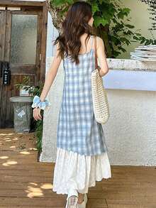 蓝色格子独特设计吊带裙，夏季女士二合一蕾丝拼接连衣裙 - 藍色 - 查看 4