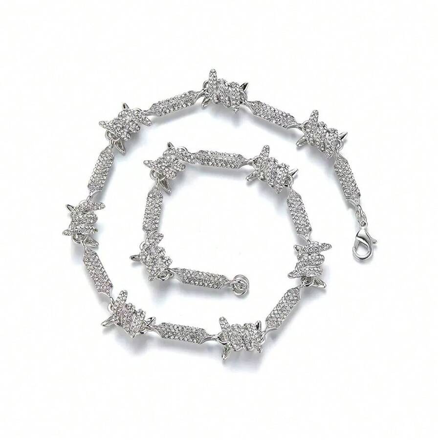 1pc Punk Style Fully Iced-Out Necklace, 3D Hip-Hop Rhinestone Embedded 18inch Infinity Chain Necklace And 8inch Bracelet Jewelry Set For Men - White - View 1