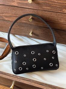 复古摩托车风格软皮铆钉手提包，百搭镂空铆钉手提包