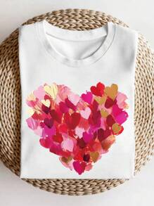 DEAR MOLLY Plus Size Women Heart Print Loose Fit Round Neck Short Sleeve T-Shirt, Suitable For Family Party, Outdoor, All Seasons