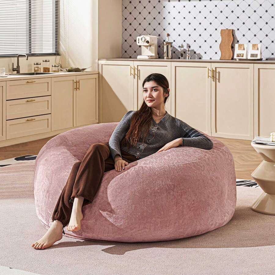 Bean Bag Chair 4Ft, Memory Foam Filled, Large Beanbag Chairs For Adults And Teens, Soft Sofa With Removable Flannel Cover, Round Couch For Living Room Bedroom College Dorm (Pink, 4FT-47*47"*24")