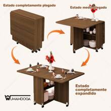Mesa de madera plegable, mesa de comedor con estante de almacenamiento, ahorro de espacio, mesa de comedor móvil con ruedas, mesa de madera rectangular con tapa abatible (color café) es un regalo perfecto para el Día de Muertos, Halloween, Acción de Gracias y Navidad - Marrón - Ver 2