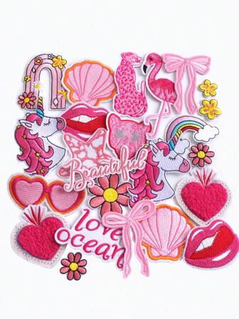 20 Pieces Of Pink Bow Ties, Shells, Unicorns, Flamingos, Hearts, Leopard Prints, Cute Cartoon Style Iron Patches For DIY Clothing, Bags, Hats
