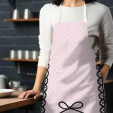 1PC Pink Linen Kitchen Apron, Lace Bow Print, Woven Polyester Cooking Apron, Student Dormitory Exclusive Apron