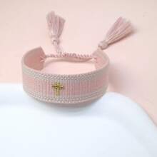 1 pieza Pulsera trenzada con bordado de cruz creativo - Rosa Pálido - Ver 3