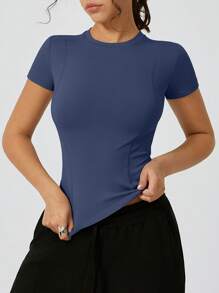 Camiseta deportiva de mujer de cuello redondo de secado rápido, ajuste ceñido con efecto estilizante, transpirable, para actividades al aire libre y fitness de manga corta