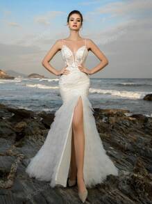 Vestido de novia de sirena con aplicaciones de encaje, escote pronunciado en V y patchwork, vestido de cóctel elegante para la novia