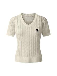 女士针织短袖T恤，休闲优雅百搭修身，适合夏季、秋季、冬季、商务、通勤、度假 - 杏色 - 查看 3