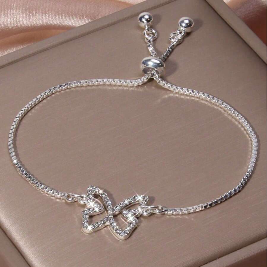 1pc Minimalist Design Diamond Hollow Butterfly Pull Bracelet - Silver - View 1