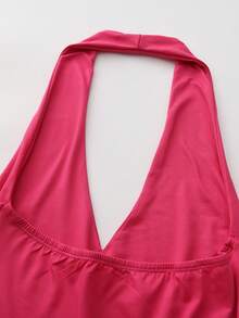 V Neck Plain Slit Crop Casual Ruched Halter Top - Hot Pink - View 9