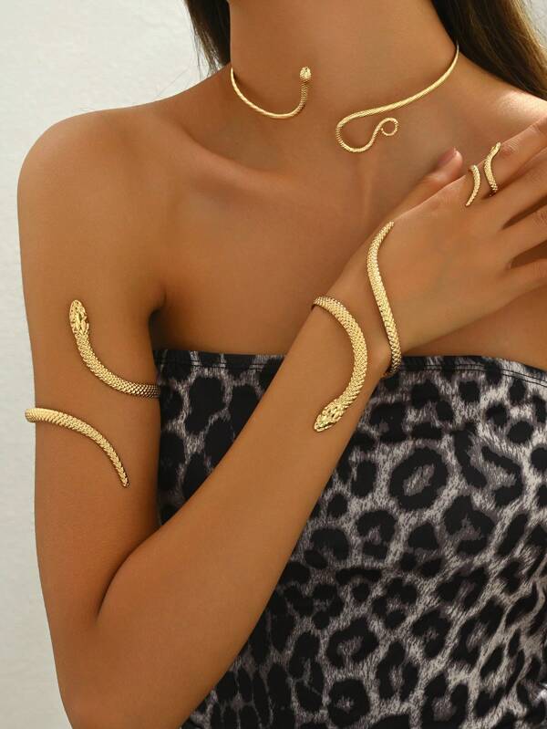 4 قطعة/مجموعة من الأساور الأنيقة على شكل ثعبان ، والأربطة الذراعية ، وقلادة الشولكر والمجموعة الخاتمة ، مجوهرات متنوعة للحفلات والزفاف والذكرى السنوية وعيد الأم والمناسبات الاحتفالية