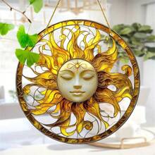 1 pieza, Impresión plana 2D, Atrapasol del dios sol dorado, Atrapasoles de jardín (20cm x 20cm), Decoración colgante de ventana de acrílico con vidrio teñido, Adecuado para decoración del hogar en cualquier temporada, club, escuelas, arte de pared, sala de estar, decoración de bodas, regalo de cumpleaños, regalo ideal