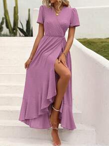 Women's Summer Wrap Dress Casual Boho Chic Floral V-Neck Short Sleeve Flanged Beach Holiday Dress - Màu tím - Xem 4