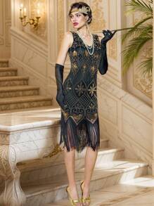 LVNES Women's Flapper Dresses 1920s Great Gatsby Sequin Fringed Roaring Cocktail Bodycon Graduation Dress - Black Gold - View 8