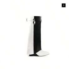Padlock Detail Fold Over Wedge Knee High Boots - Black and White - View 2