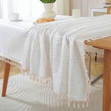 1pc Square Tassel Tablecloth, Delicate Rustic Daisy Pattern Dust-Proof Tablecloth With Tassels, Suitable For Picnics, Parties, Room, Kitchen, Home Decor