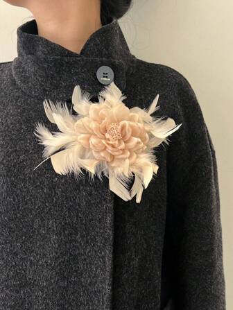 20 厘米手工羽毛网玫瑰花胸针，女士花朵发夹服装配饰