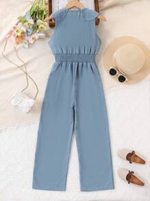 Elegant Loose Fit Ruffle Trim Button Up Jumpsuit For Girl, Summer Gift - Blue - View 2