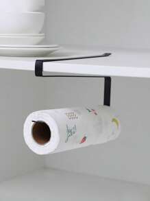 1pc 26*1.3cm Punch-Free Iron Kitchen Tissue Storage Rack, Minimalist Black Hanging Storage Rack For Home