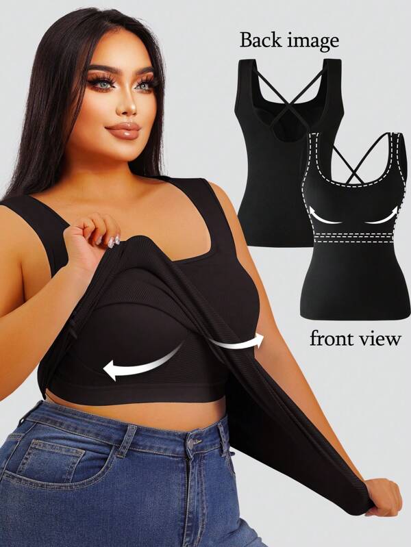 1 Stück Damen U-Back Tank Top mit integrierten Cups, Schwarz, Freizeitkleidung