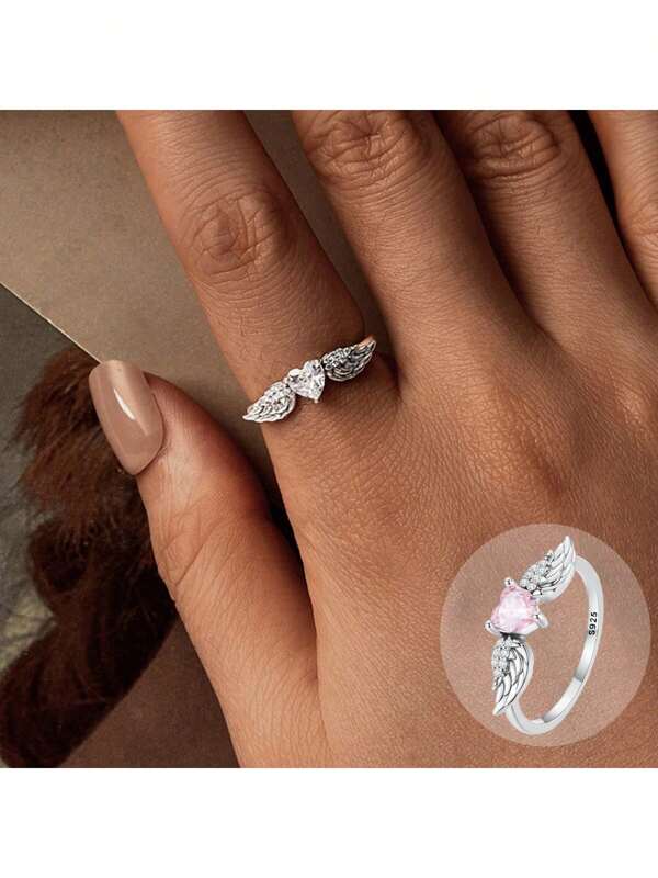 bamoer 1 Pc 925 Sterling Silver Angel Wing Ring For Women Fine Jewelry White/Pink Heart Zirconia Eternity Band Ring Wedding Gift
