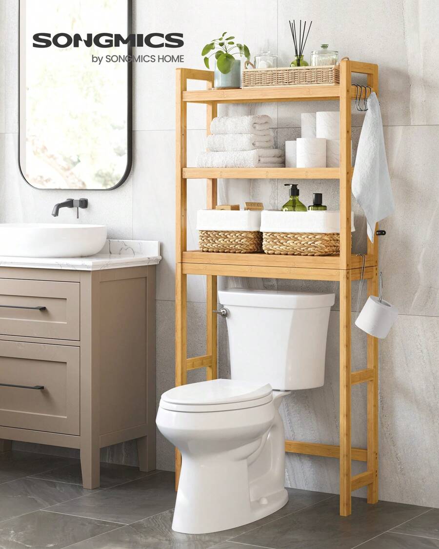 SONGMICS Over The Toilet Storage, 3-Tier Bamboo Over Toilet Rack Bathroom Organizer With Adjustable Shelf, Fit Most Toilets, Space-Saving, Easy Assembly - Natural Color - View 1