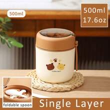 1 Pc Stainless Steel Vacuum Thermal Portable Lunch Box Double Layer 500ml & 680ml Insulated Lunch Food Warmer Soup Cup Insulated Containers Bento Lunch Box With Foldable Spoon (Lid Randomly Shiped),School Supplies
