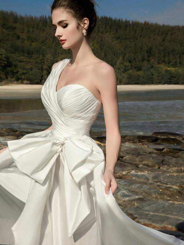 Vestido de festa minimalista e glamouroso HEARBOBO, todo branco, com um ombro só, para mulheres, com laço de cetim e modesto, para noiva