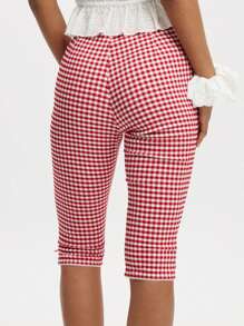 Women Plaid Capri Pants Mid Rise Side Split Knee Length Tights Casual Leggings For Daily Party Club - Red - View 5