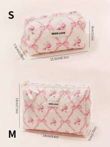 1Pc/Set Bow Knot & Rose Design Quilting Cosmetic Bag, Fashionable Portable Makeup Bag, Multi-Functional Storage Bag For Lipstick, Sanitary Napkin, Coins, Keys Etc, Large Capacity Lovely Wash Bag For Travel Organizer Cosmetic Bag For Travel, Mother's Day Gift, Valentine's Day, Anniversary. Summer Travel, Vacation Home Bathroom Decor Holiday Makeup Organizer Bathroom Accessories Back To School