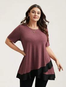 Plus Size Summer Casual Contrast Color Asymmetric Hem Round Neck Short Sleeve T-Shirt - Red - View 3