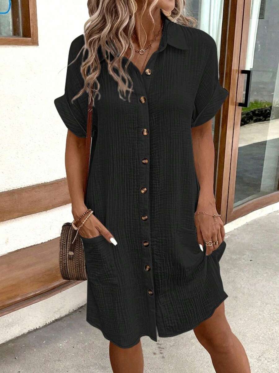 Women's Summer Mini Dress Short Sleeve Lapel Collar Button Down Shirt Dresses With Pockets - 黑色 - 查看 1