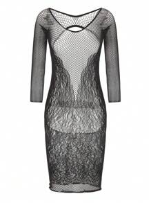 1pc Plus Size Black Lace Hollow Backless Sexy Lingerie, Racy Costume, Women Holiday Outfit