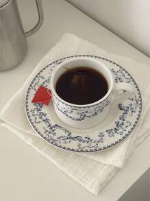 1pc French Vintage Ditsy Floral Lace Blue Ceramic Mug And Saucer Set, Everyday Home/Office Use Tea/Coffee Cup, Breakfast Oatmeal/Milk Bowl, Birthday/Holiday Gift