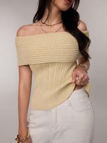 FOR BEAUTY 春夏新款露肩短袖针织衫，女士休闲通勤毛衣，性感露肩细罗纹针织衫，奶油黄上衣，毕业季和新年季 - 黃色 - 查看 4