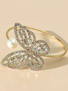 1pc Fashion New Butterfly Crystal Rhinestone Hollow Faux Pearl Open Bangle Bracelet, Gift For Women