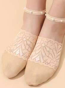 Thin Lace Trim Pearl Invisible Loafer Socks, Fashion Versatile Lace-Up Breathable Low Vamp Socks - Peacock Skin Color - View 9